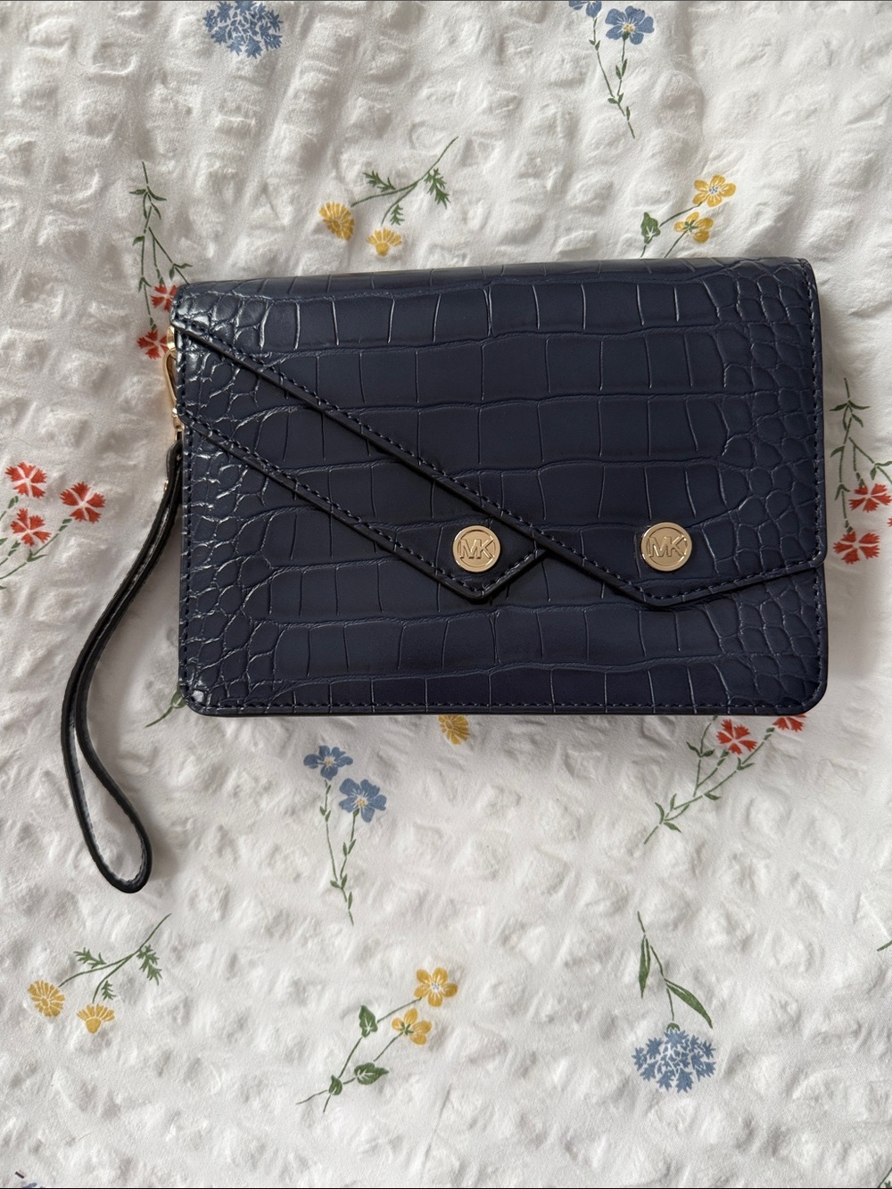 Michael Kors Navy Croc-Embossed Wristlet Envelope Clutch with Gold Hardware